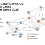 Diagram of a Bayesian Belief Network with nodes for medical diagnosis, fraud detection, and risk assessment, alongside a list of Bayesian tools and use cases.