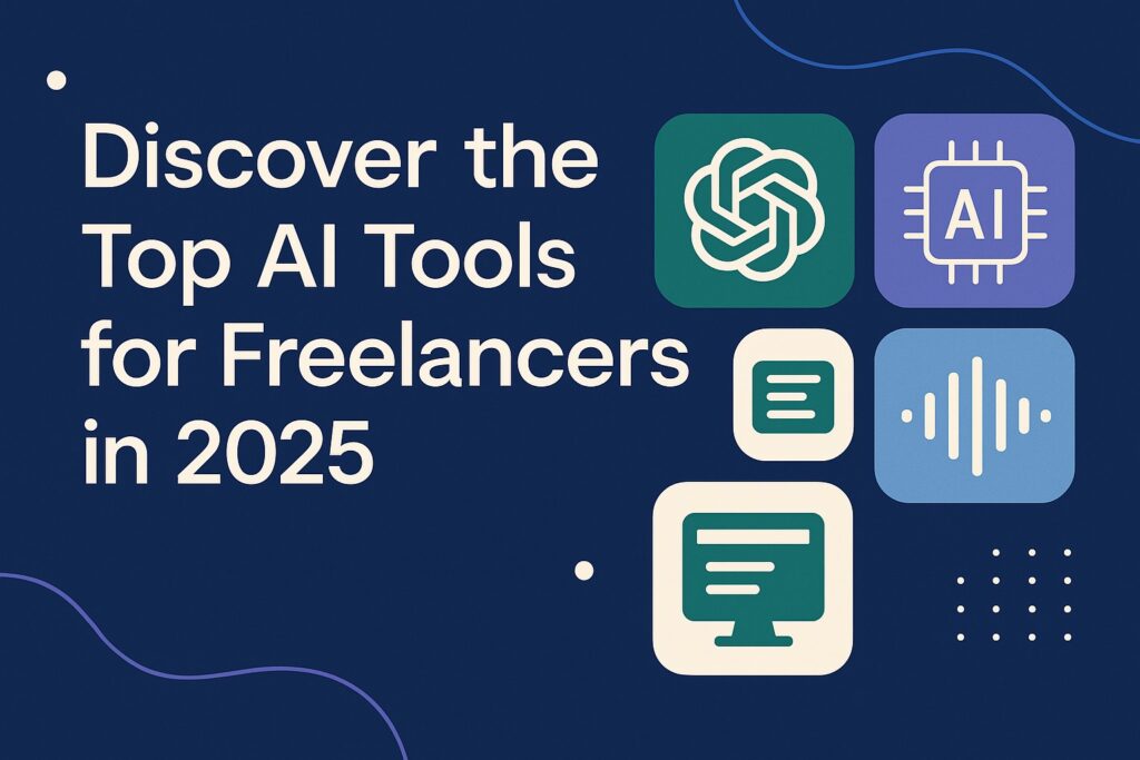 Top AI tools for freelancers 2025 with icons on a blue background