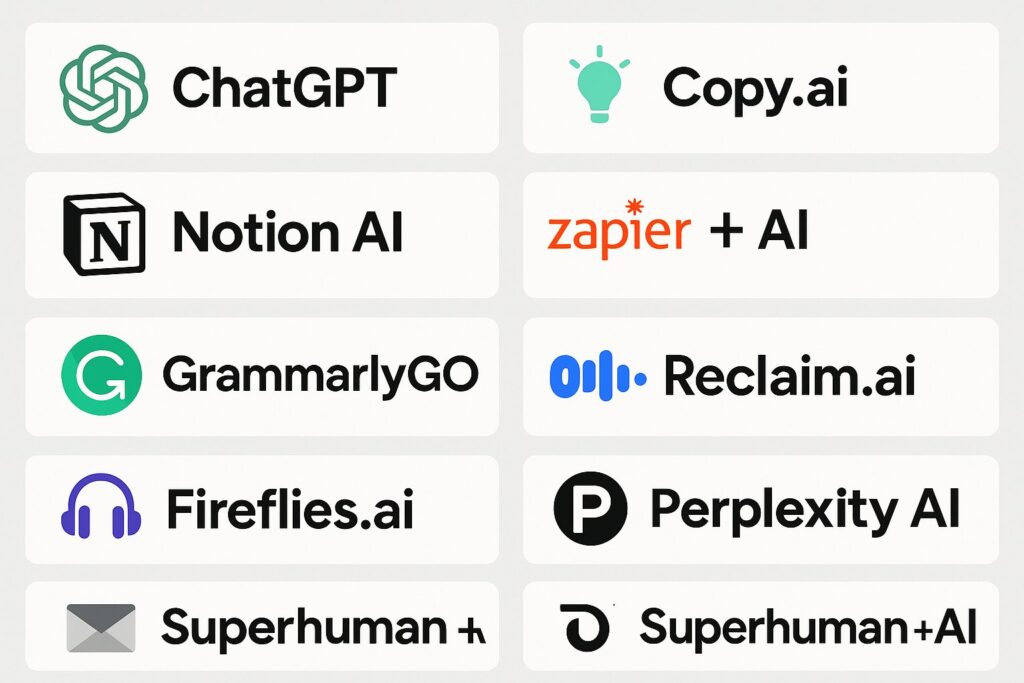 Grid of logos and names of 10 popular AI tools including ChatGPT, Notion AI, GrammarlyGO, and more.