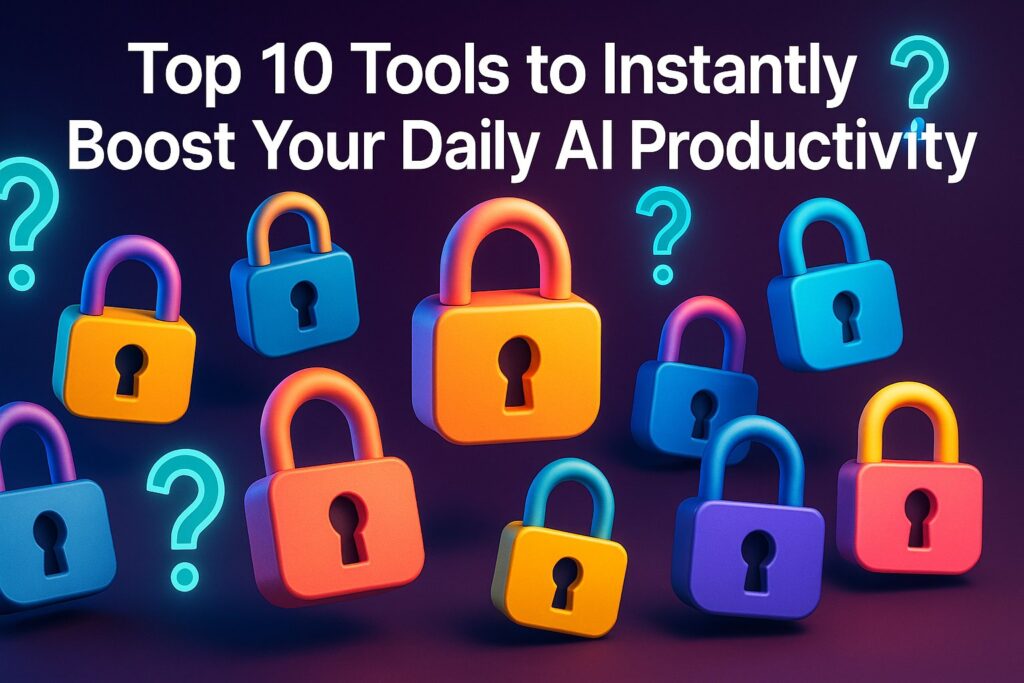 3D padlocks with question marks and text about AI productivity tools.
