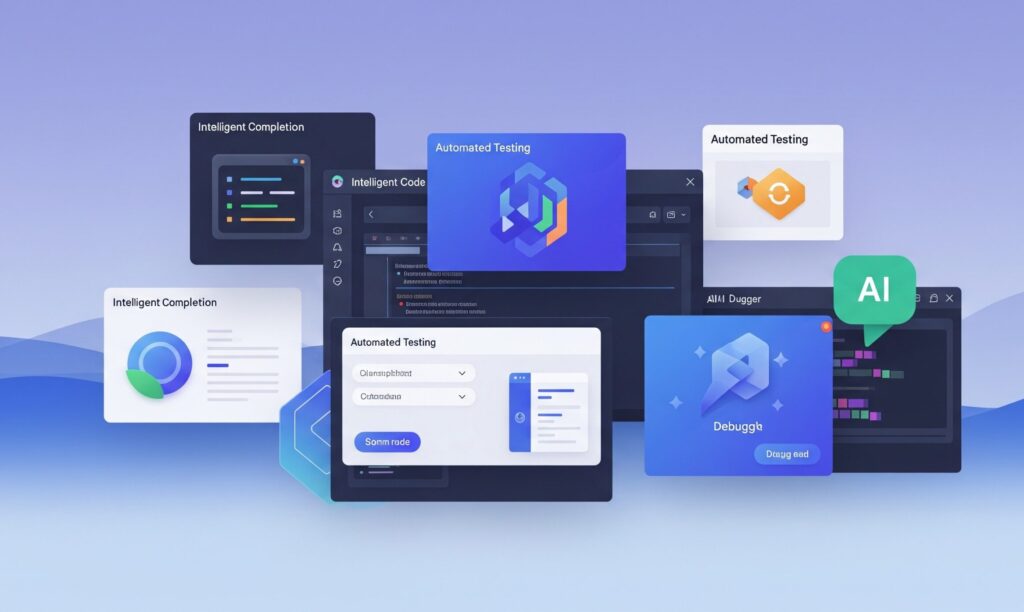 Laptop screen displaying top AI tools for coding suggestions in 2025.