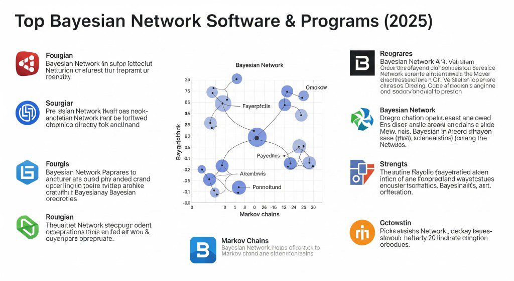 Diagram of a Bayesian Belief Network with nodes for medical diagnosis, fraud detection, and risk assessment, alongside a list of Bayesian tools and use cases.