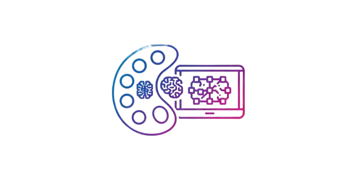 An AI Tools artist's desk with a digital screen showing AI-generated graphics and design variations.