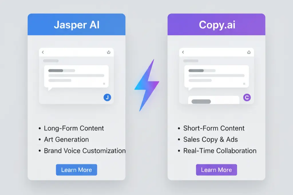 A side-by-side comparison dashboard of Jasper AI Tools and Copy.ai features.