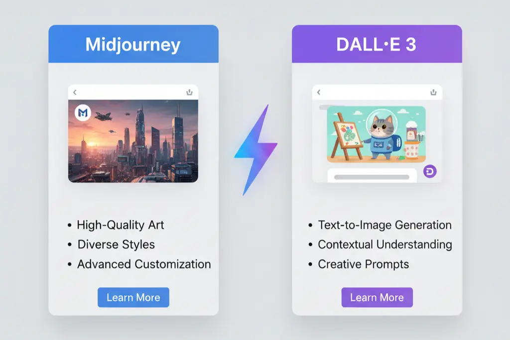 Two contrasting AI Tools-generated images labeled Midjourney and DALL·E 3.