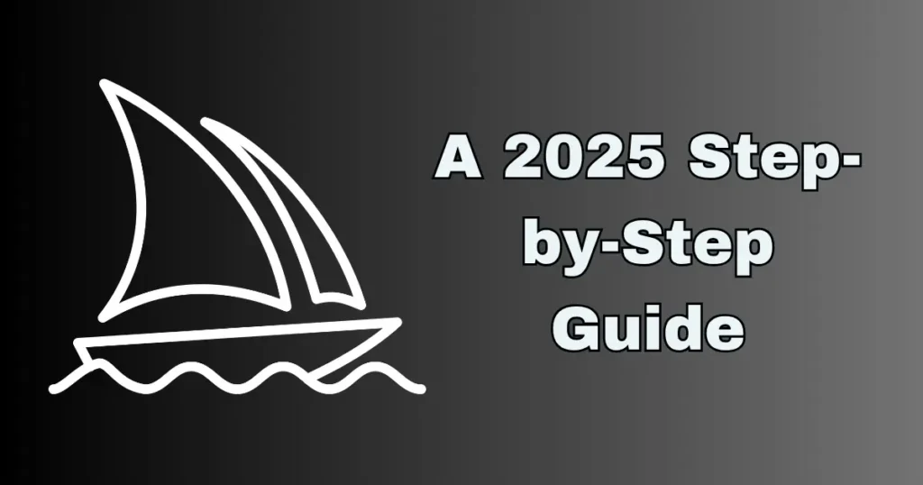 Midjourney 2025 step-by-step guide illustration with sailboat icon on dark gradient background.