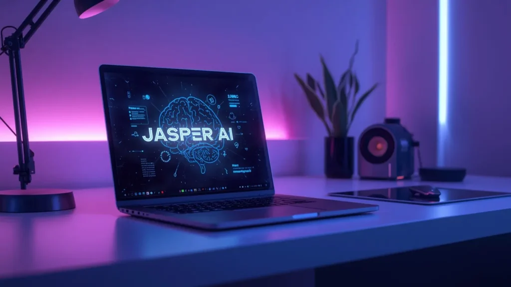 Modern laptop on desk displaying Jasper AI interface with neon futuristic lighting.