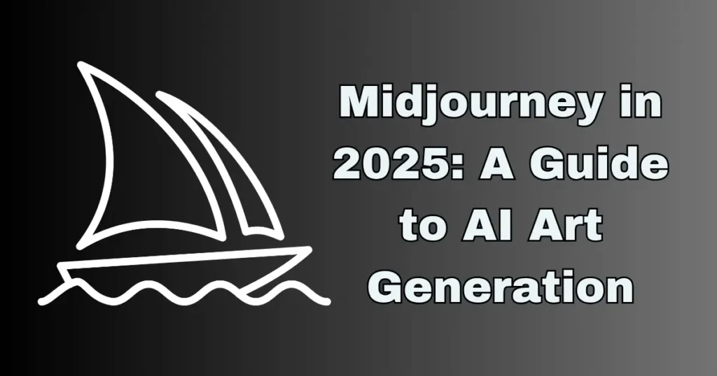 An open guide book titled "Midjourney in 2025: A Guide to AI Art Generation.