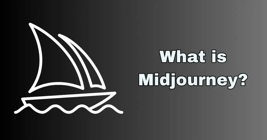 What is Midjourney image with sailboat logo on dark background representing AI art generation tool.