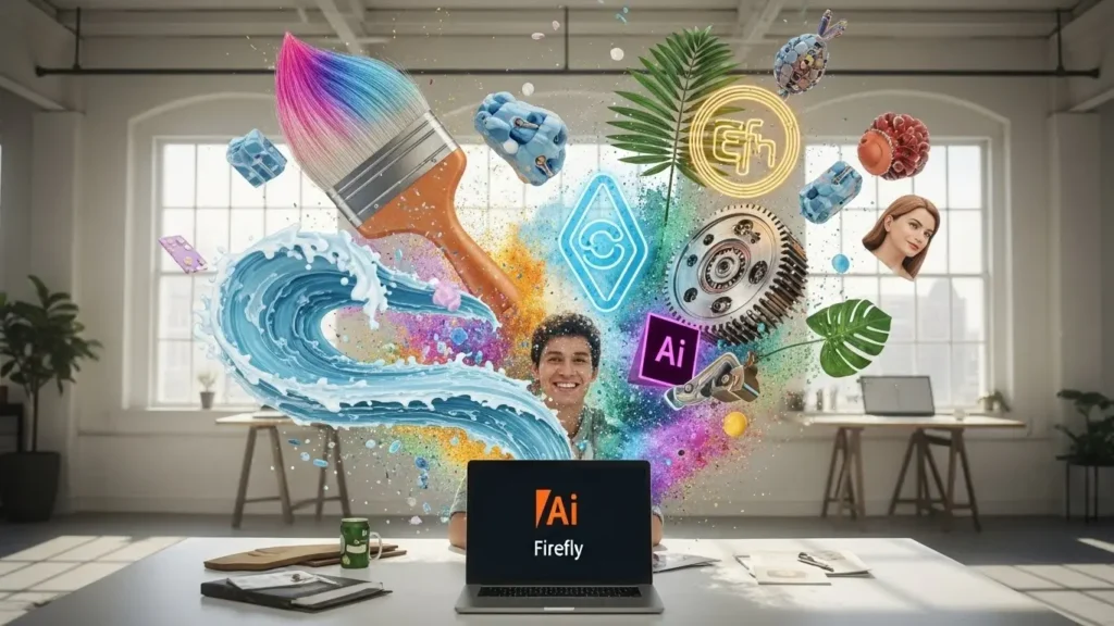 Realistic 3D illustration of Adobe Firefly AI image generation in a professional digital studio