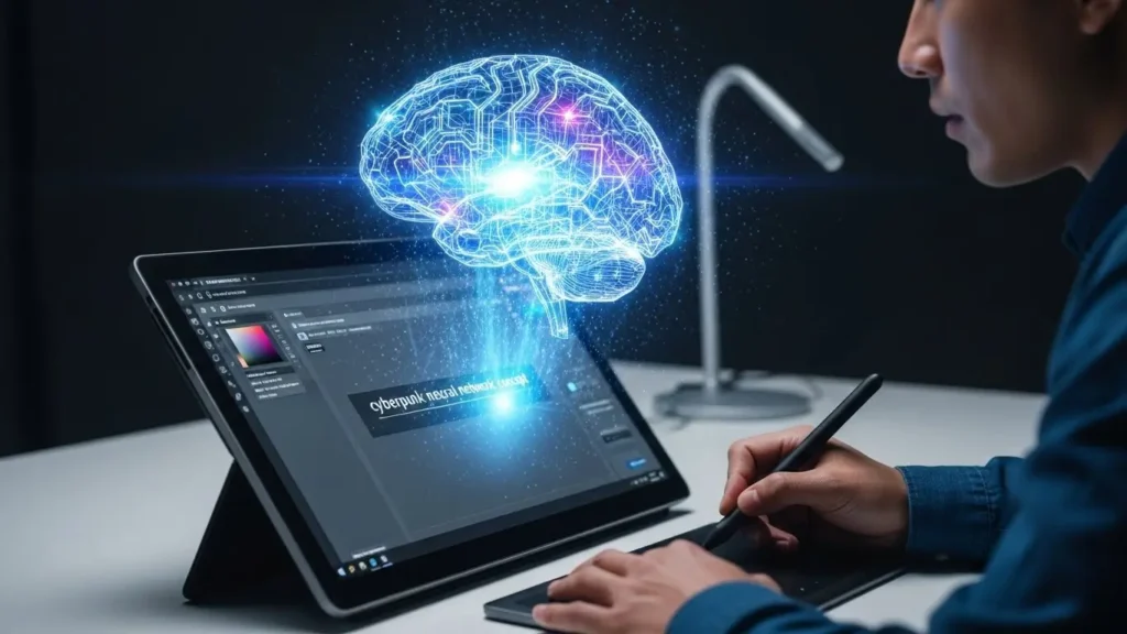 Adobe Firefly AI text-to-image generator displayed on a large monitor with futuristic interface