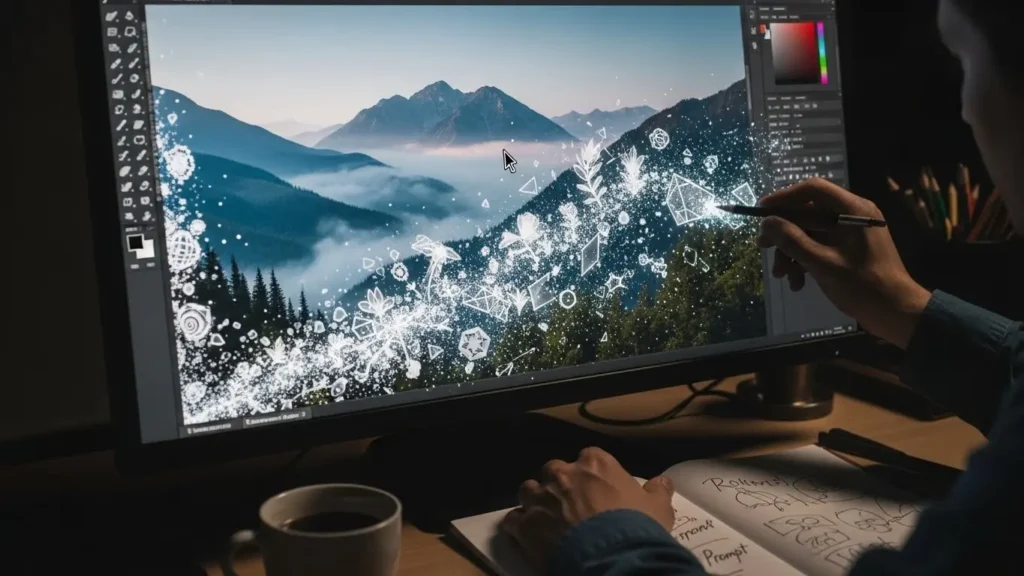 3D realistic scene of a designer using Adobe Firefly AI for generative image creation