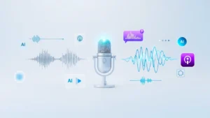 Adobe Podcast AI interface enhancing audio quality with AI-assisted noise reduction and clean sound waveforms