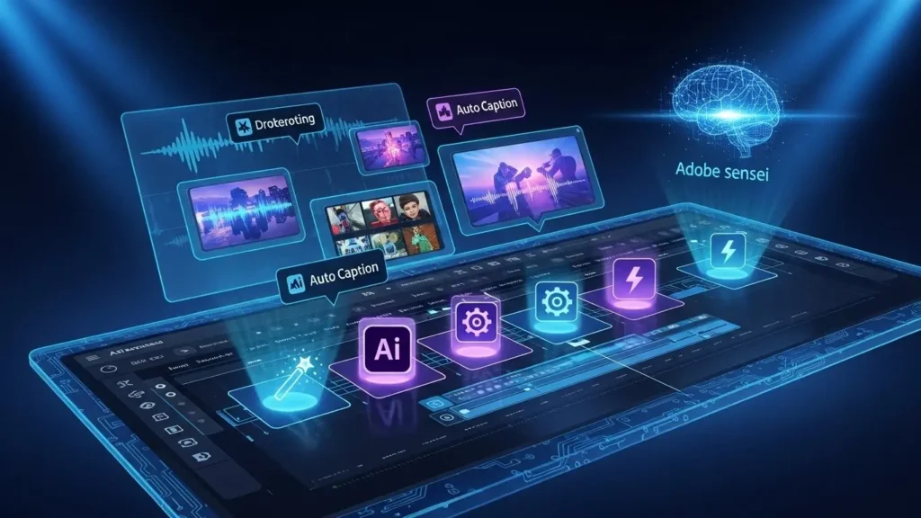Adobe Premiere Pro AI interface with futuristic editing tools.