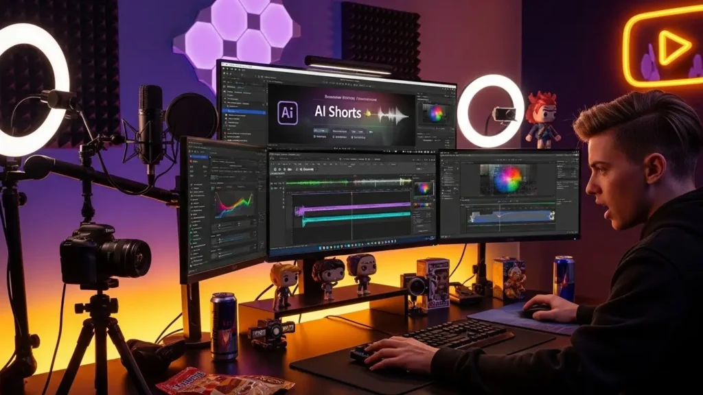YouTuber editing with Adobe Premiere Pro AI.