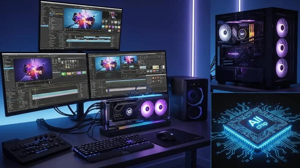 PC setup optimized for Adobe Premiere Pro AI.