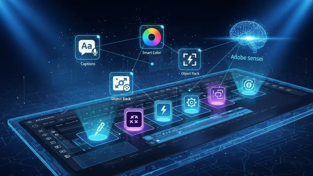 Illustration explaining how Adobe Premiere Pro AI works.