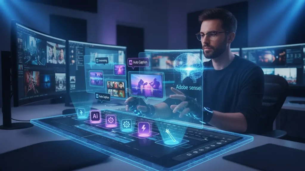 Video editor using Adobe Premiere Pro AI in a creative studio.